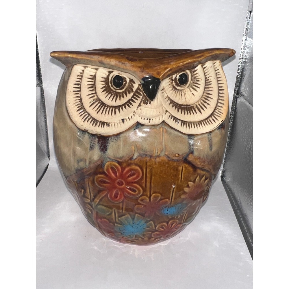 Ashland Stylish Accents Ceramic Owl Vase Planter Brown Floral‎ Embossed 527197